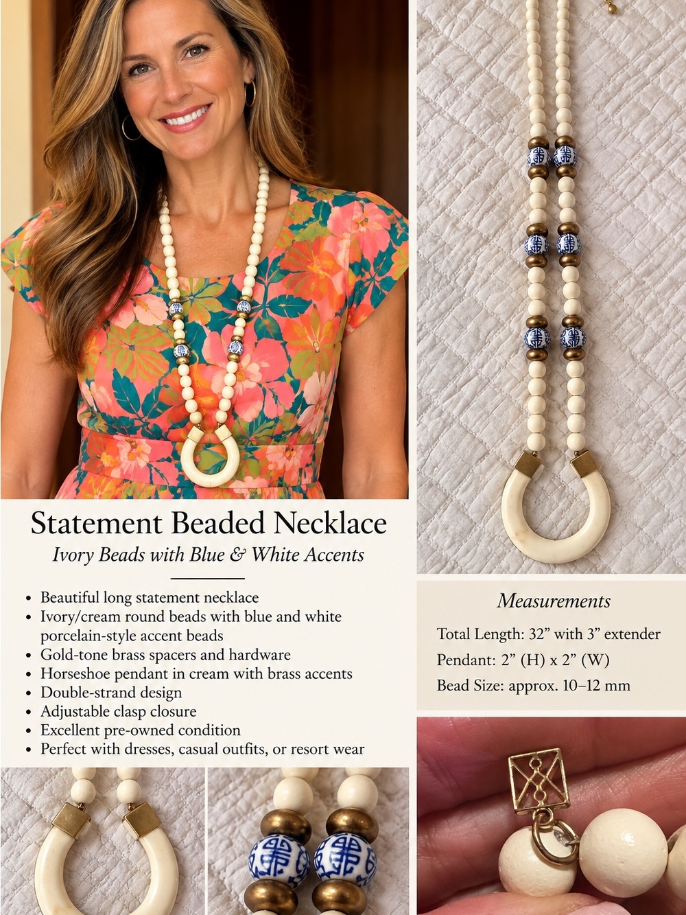 Statement Ivory Beaded Necklace with Blue & White Accents